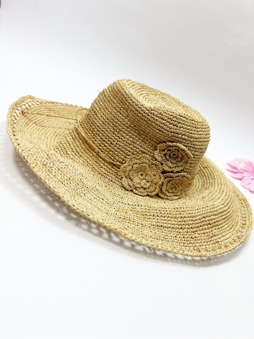 Flora Bella Raffia Wide Brim Sun Hat Floral Appliqué Natural Tan Resortwear